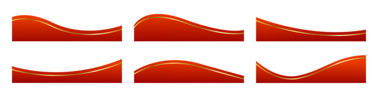 Set of red ribbon wave banners with elegant gold accent lines