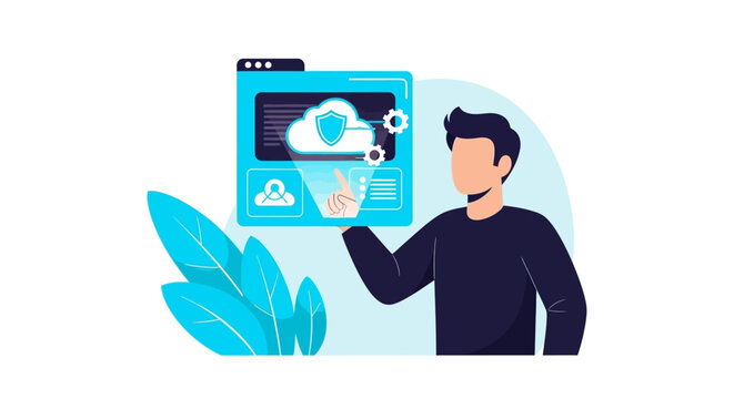 Cloud Security and Data Protection Illustration of Man Managing Network Infrastructure and Cyber Privacy on Digital Dashboard Interface