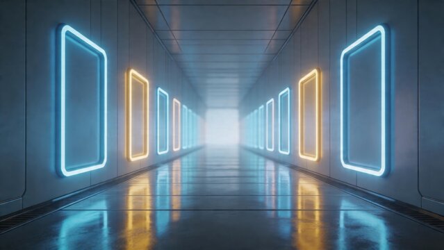 Futuristic corridor with glowing frames