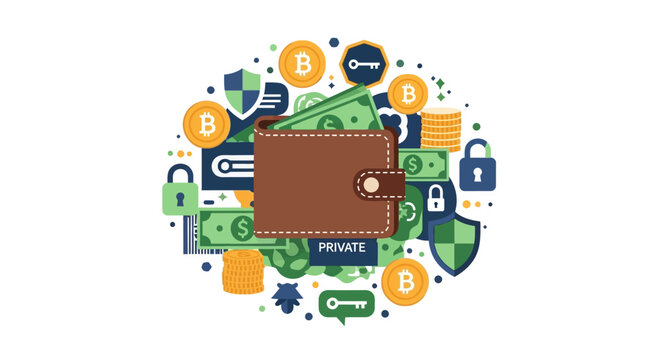 Conceptual Vector Illustration of a Digital Wallet, Cryptocurrency, and Financial Security featuring Bitcoin, Cash, Padlocks, and Shields on a White Background