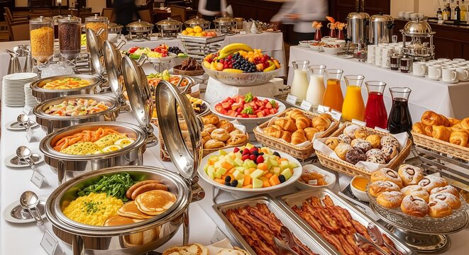 Professional office catering buffet spread featuring assorted hot and cold dishes colorful platters with meats seafood pasta salads desserts and drinks in elegant indoor corporate event setting
