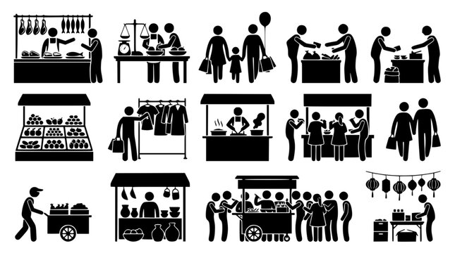 Vector illustration set showing people shopping at street market stalls
