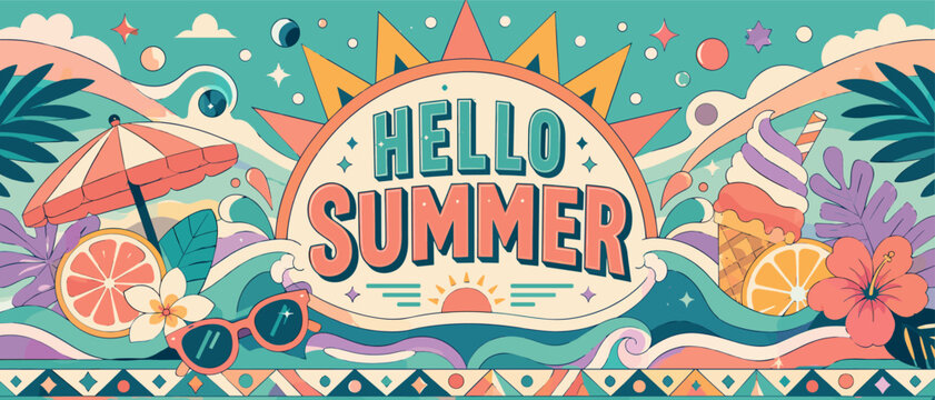 Retro summer banner vector with tropical beach icons, sun, citrus, ice cream, sunglasses and waves. Colorful vacation illustration for travel, holiday, seasonal and resort design, background