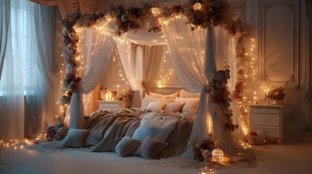 Dreamy canopy bed decorated with flowers and fairy lights in a cozy bedroom