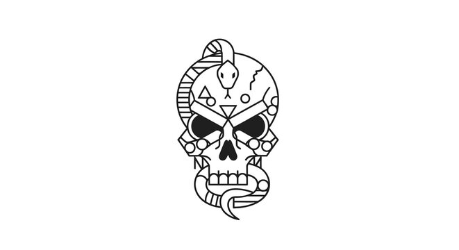 Stylized Skull with Snake Outline Tattoo Design, Tribal Geometric Elements, Vector Art