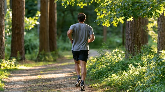 Man jogs through sunlit forest path