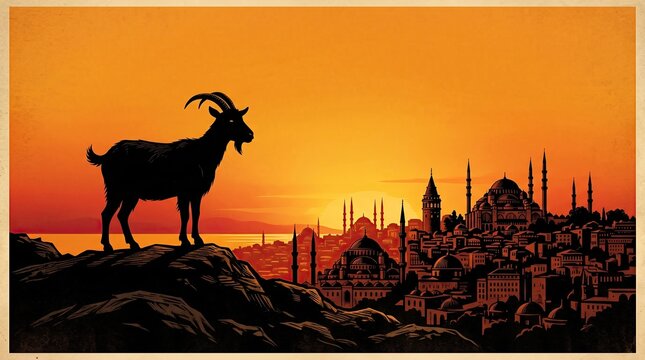 Eid ul adha 2026 celebration silhouette goat on a hill overlooking istanbul