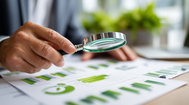 Hands of executive with magnifier glass examining bright ESG performance report with sustainability metrics and green investment indicators overview, environmental economics with c