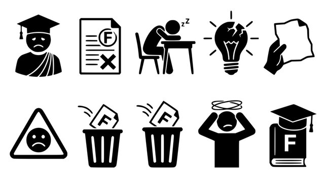 Set of black vector icons representing academic failure and stress