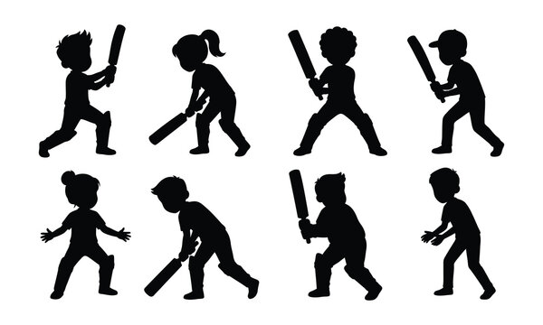 Collection of cricket player silhouettes featuring batting stances and defensive play actions