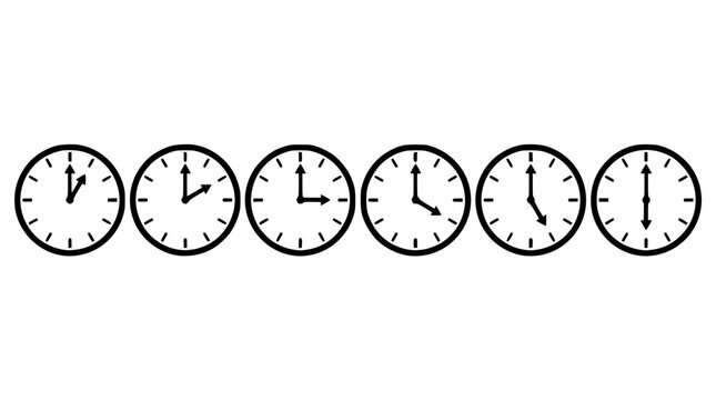 Set of six clocks showing consecutive hours for time management