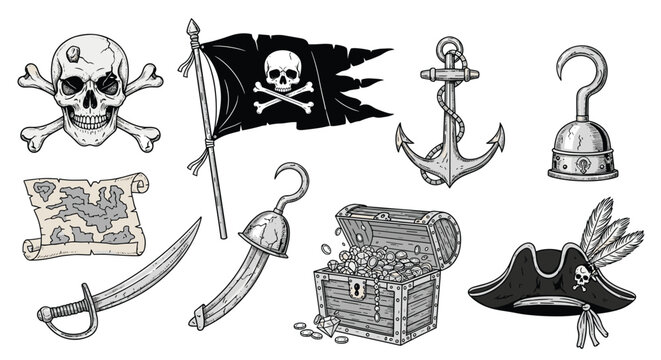 Detailed pirate theme collection featuring a skull and crossbones flag anchor treasure chest sword hook and a classic captain hat.