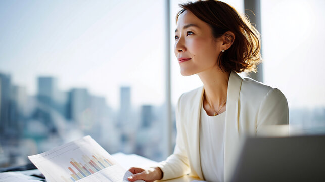 Wide low-angle shot of a poised Japanese businesswoman in a tailored ivory blazer reviewing investment portfolio documents at a minimalist executive desk, a tablet displaying risin