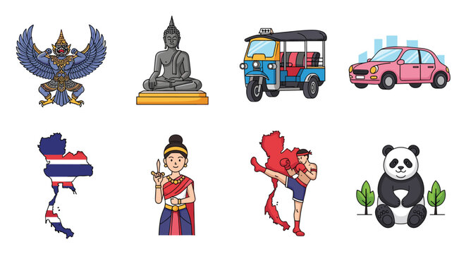 Collection of cultural and tourist icons from Thailand including a buddha statue garuda tuk tuk muay thai fighter and local map.