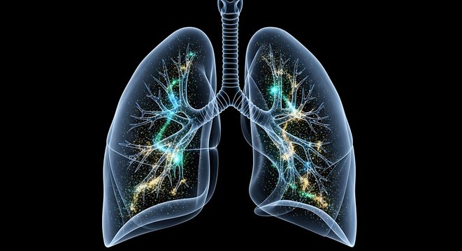Abstract glowing human lungs with trachea and bronchi