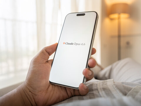 Claude opus logo is displayed on the screen of a smartphone, in Bangalore, India, on May 11, 2026