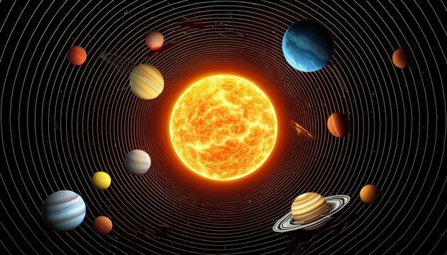 3d solar system animation black background sun in the center and planets orbiting around it