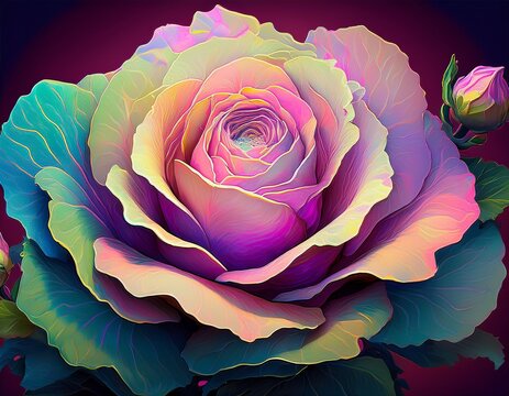 cabbage rose a type known for its densely packed globular blooms resemble a cabbage head the image physically merges the two items that share a common name in a visually striking pop art style