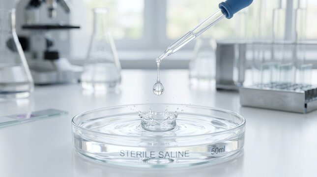 Sterile saline liquid dropping into a petri dish in a laboratory setting