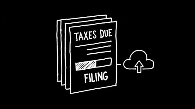 Hand Drawn Animation of online tax filing process featuring document taxes due progress bar filing cloud upload arrow 4k animated video, alpha transparent video