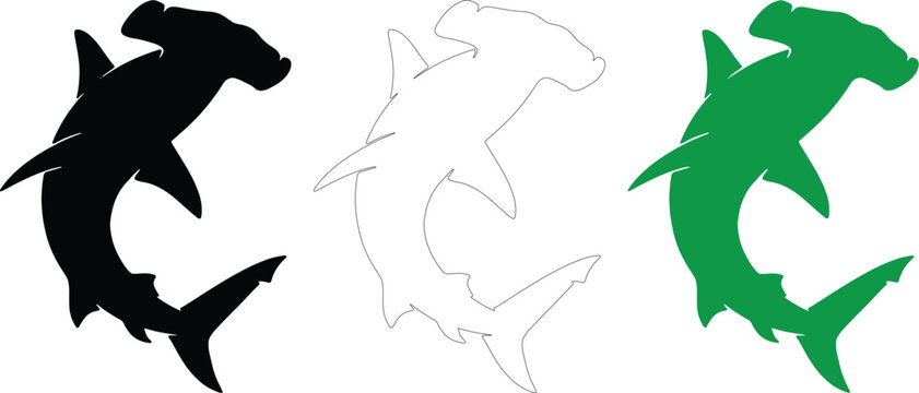 Hammerhead shark vector logo set with black silhouette outline and green design