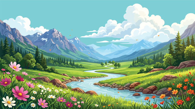 Cartoon alpine meadow with a flowing river mountains wildflowers landscape peaceful illustration outdoors environment countryside pastoral wilderness