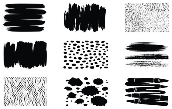 Black Ink Brush Strokes and Grunge Banner Texture Set, Dry Paint Smears, Scribble Lines, Halftone Dots and Splatter Elements Collection Isolated on Transparent Background