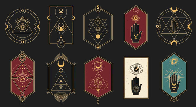 Collection of mystical and occult symbols featuring eyes hands sacred geometry and celestial bodies in elegant gold and maroon.