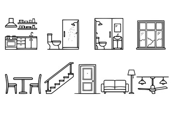 Obraz premium Apartment Section Drawing Line Icon Set Vector Architecture Floor Plan Cross Section Interior Design Symbols