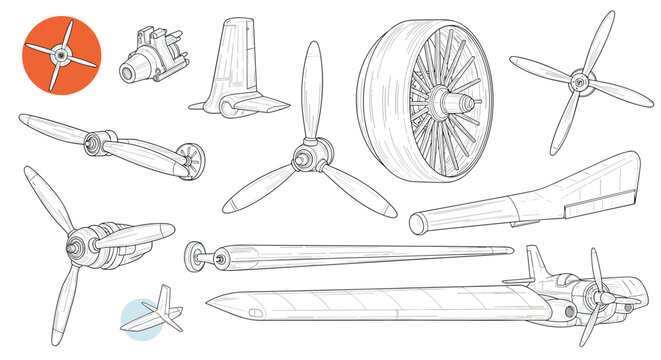 Detailed black and white sketches of vintage airplane parts including various propellers a fuselage section and a large wing part.