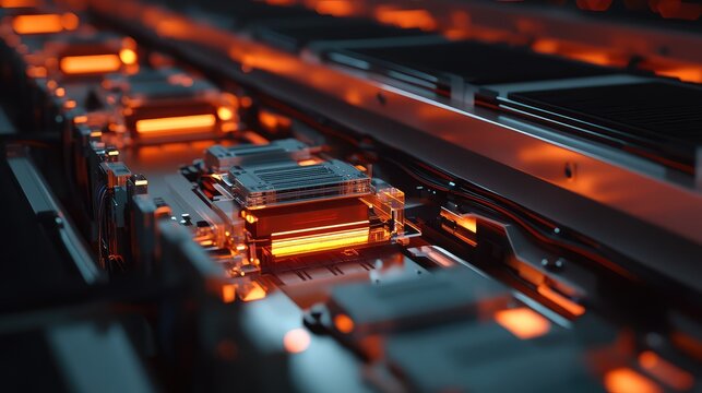Electronic hardware featuring glowing orange circuits and intricate components visualizing data transfer, digital computing, and advanced technological innovation in a futuristic context
