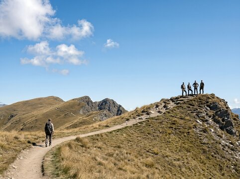 A group of hikers traverse a beautiful mountain trail under a clear blue sky. One hiker is separated from the group.