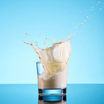 Dramatic Milk Splash in a Clear Glass Against a Serene Blue Background Promoting Dairy Products and Healthy Beverages
