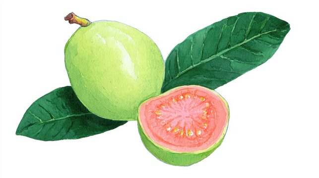 Hand painted watercolor guava fruit, whole pale green guava and sliced piece with coral pink flesh on plain white backdrop, fresh organic botanical art.