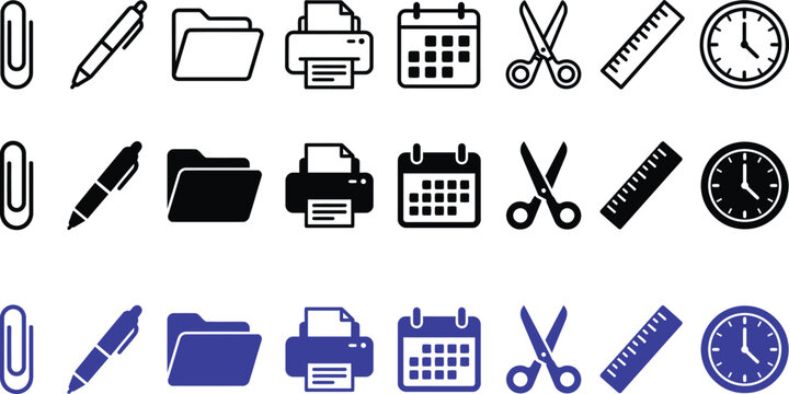Office and stationery icon set: paperclip pen folder printer calendar scissors ruler clock with line art office icons business icons document icons work icons stationery paperclip calendar