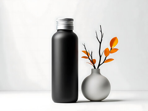 Elegant Black Bottle with Silver Cap and Minimalist Vase for Product Mockups and Still Life Photography