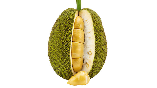 IA generated exotic jackfruit with a cut section showing yellow pods isolated on white background. Realistic tropical fruit with spiky green skin and sweet interior. 3D render illustration.
