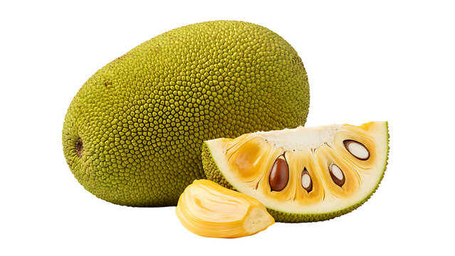 IA generated exotic jackfruit with a cut section showing yellow pods isolated on white background. Realistic tropical fruit with spiky green skin and sweet interior. 3D render illustration.