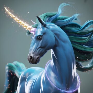 Majestic Blue Unicorn with Golden Horn Isolated Transparent Background Fantasy Art