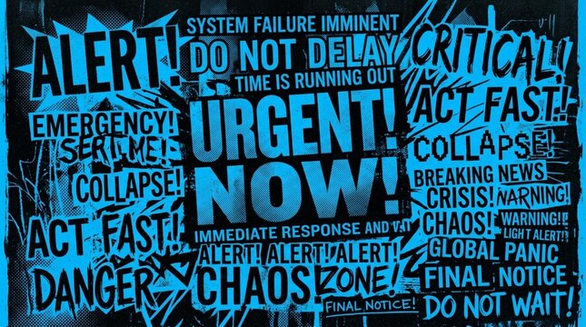 Urgent alert graphic featuring bold blue text with phrases like "Emergency!", "Critical!", and "Act Fast!" against a chaotic background emphasizing urgency and immediate response