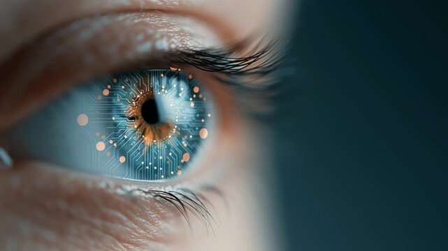 Close-up of a human eye with intricate digital patterns and glowing particles, showcasing the evolution of visual technology in a dark background setting