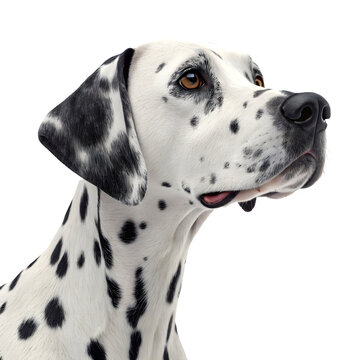 Closeup of a dalmatian dog looking to the side isolated on transparent background