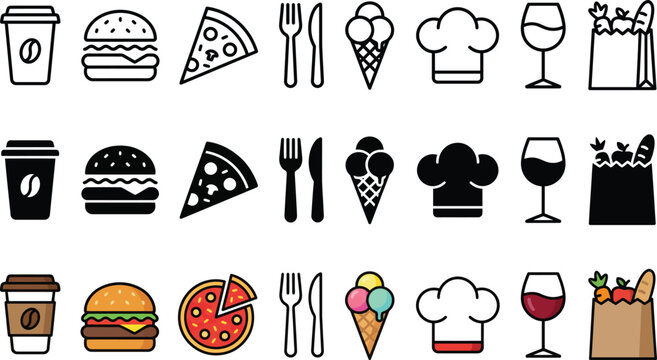 Food and drink icons: coffee cup burger pizza slice cutlery ice cream cone chef hat wine glass grocery bag with fast food black and white hamburger beverage restaurant takeaway collection