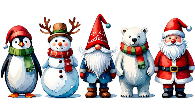 Festive Holiday Characters in Watercolor Style a Christmas Penguin Snowman Gnome Polar Bear and Santa Claus