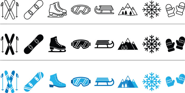 Winter sports icons set - skiing and snowboarding equipment with snowboard snowflake mountains equipment activity adventure recreation illustration collection isolated background