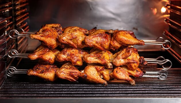 a stack of grilled chicken on a skewer fried in a commercial oven