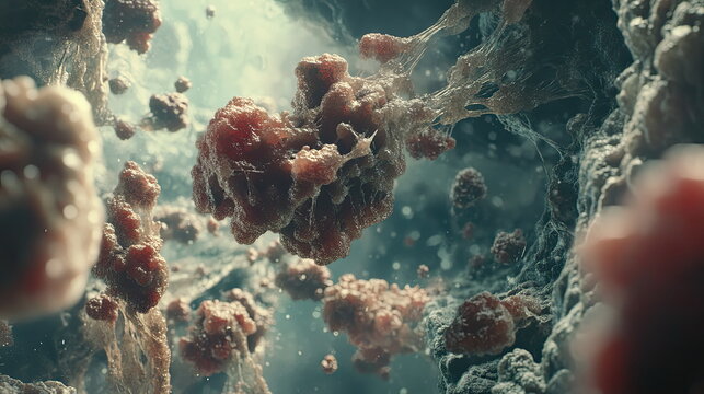 Abnormal cells rapidly multiplying and forming an organic growth resembling a tumor at a microscopic scale, symbolizing disease progression and pathology