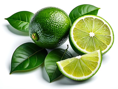 Fresh Green Limes with Vibrant Leaves on White Background Perfect for Healthy Eating and Tropical Refreshment Concepts