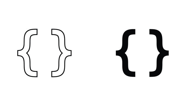 Programming code curly braces icon set in outline and solid black silhouette styles for software development and coding documentation design graphics