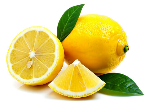 Fresh Lemons on a White Background Featuring a Whole Lemon Half a Lemon and a Lemon Slice with Green Leaves